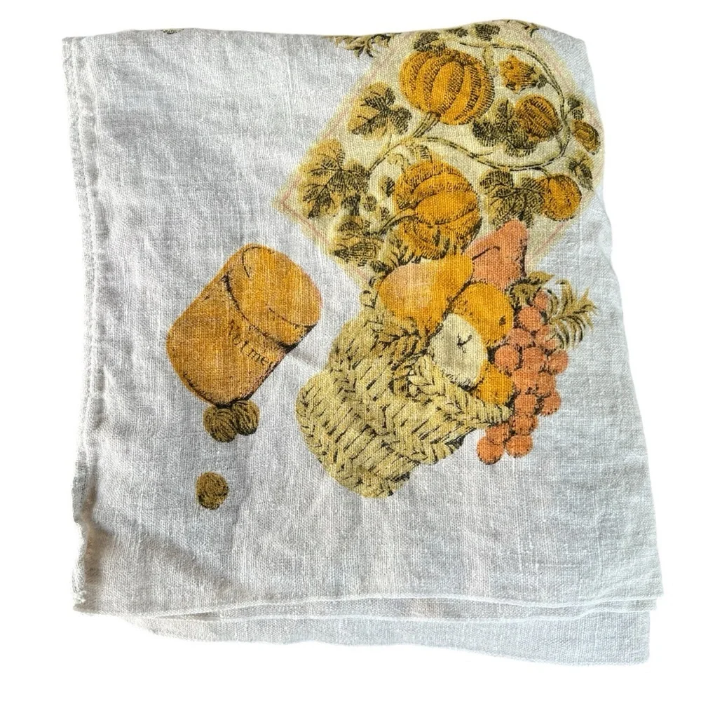 VTG Fall Harvest Linen Tablecloth Fruits Vegetables Nutmeg Spices Pumpkins 45x48